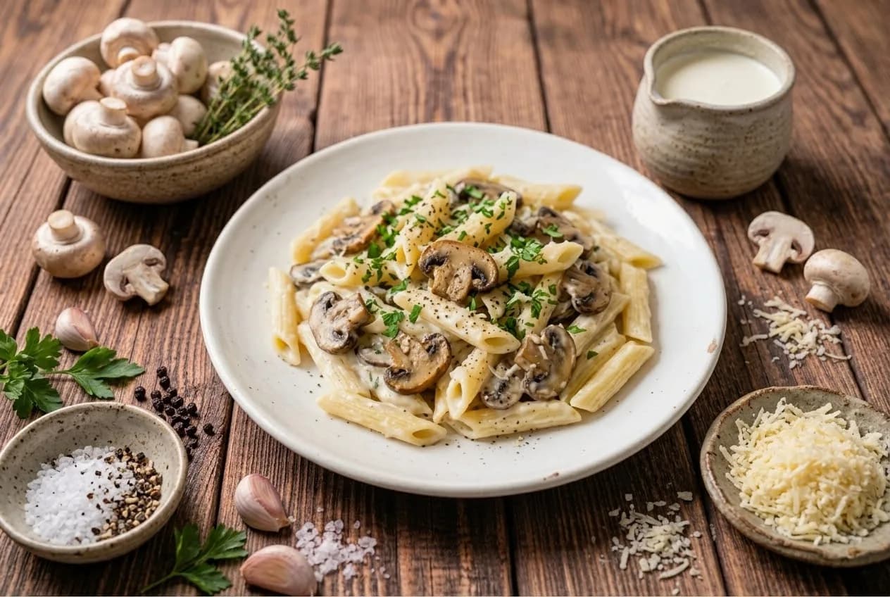 Макароны в сливках с грибами
